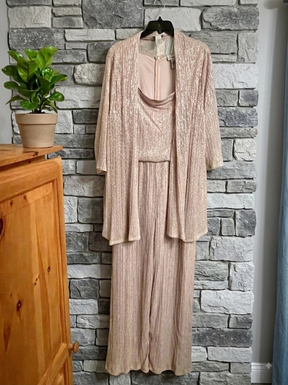 Elegant Metallic Blush Wide-Leg Jumpsuit & Jacket 2 PC Set by Catherine’s SZ 26
